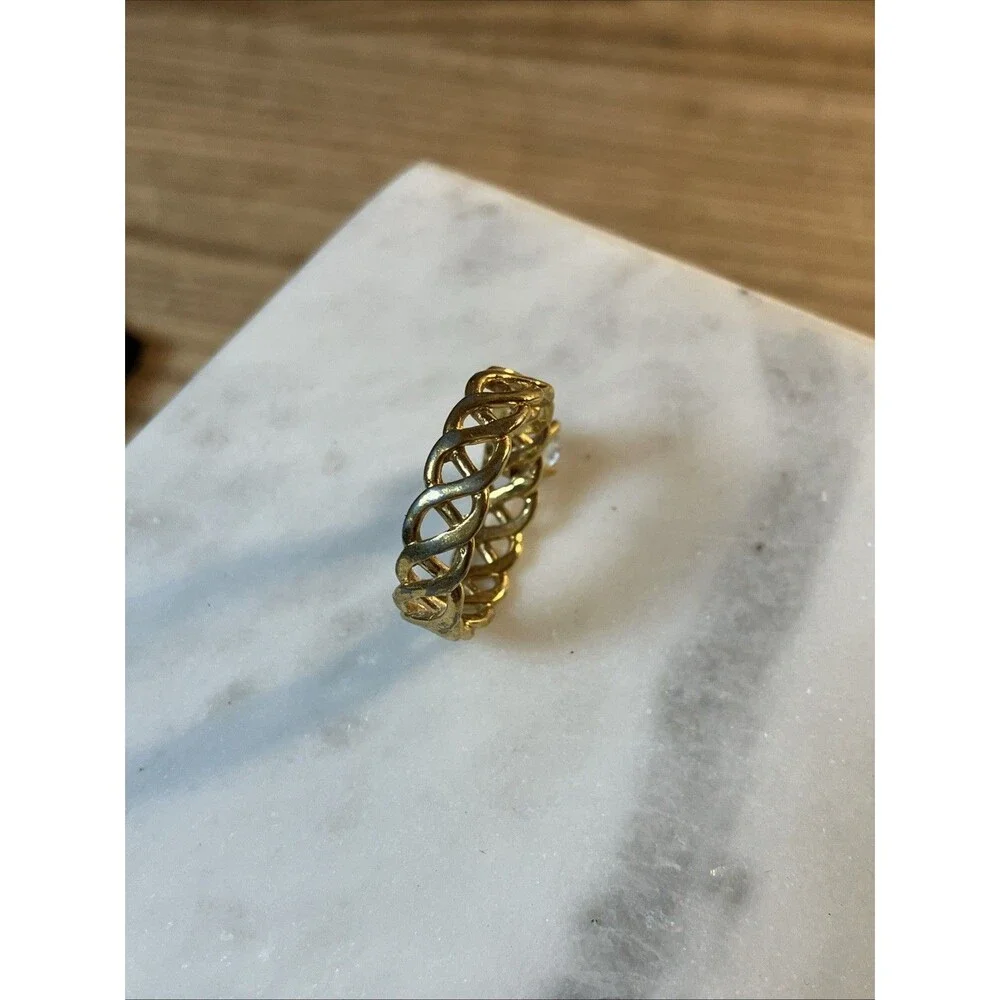 VTG Gold Tone Woven Band Solitaire Ring Round White Clear Stone Engagement 7.5